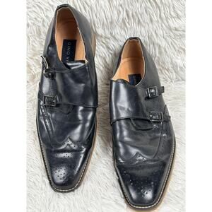 Gino Vitale Shoes Mens Size 8 Black Wingtip Double Monk Strap Dress Oxford